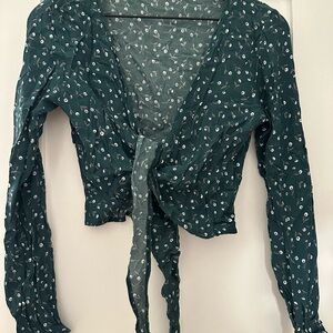 Brandy Melville Green Crop Blouse with Tie Front and Long Sleeves